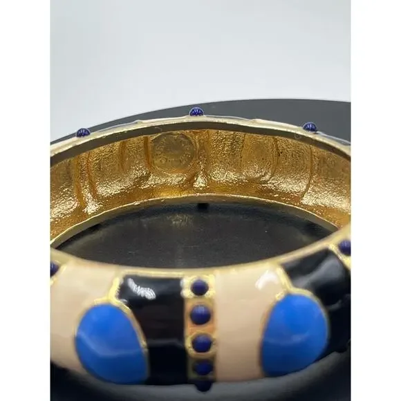 J. Crew Blue Enamel Tan Gold Tone Hinged Safety Chain Bangle Bracelet